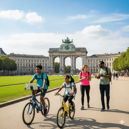 Brussels Self-Guided Audio Tour by Uvamai Niche Tourism, featuring a smartphone and headphones for exploring city landmarks.