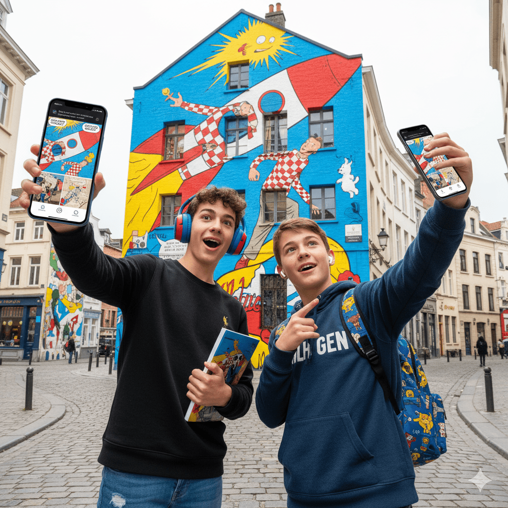 Brussels self-guided audio tour by Uvamai Niche Tourism, showing a smartphone with tour app and city landmarks in the background.