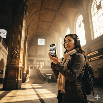 Brussels Self-Guided Audio Tour by Uvamai Niche Tourism, featuring a smartphone with map and audio device for exploring the city.