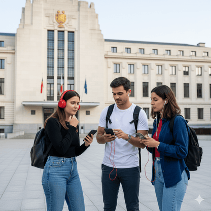 Audio guide device for the Brussels Self-Guided Audio Tour by Uvamai Niche Tourism, featuring headphones and tour controls.