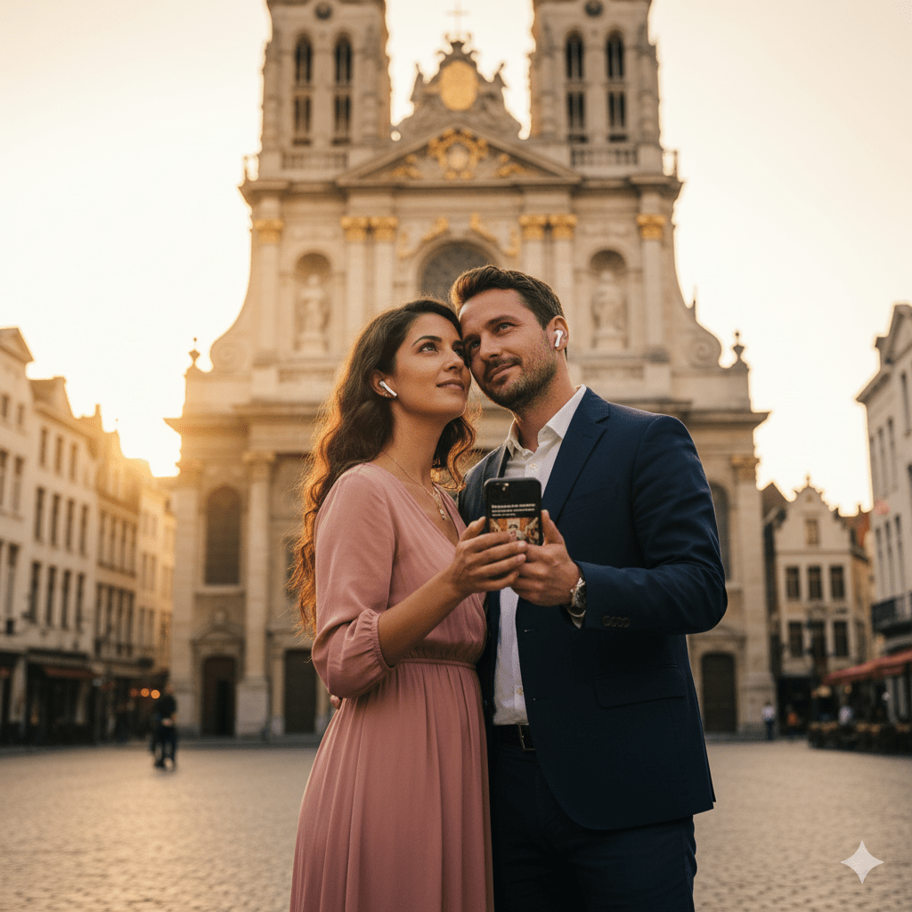 Brussels Self-Guided Audio Tour by Uvamai Niche Tourism, portable device with headphones for exploring city landmarks independently.