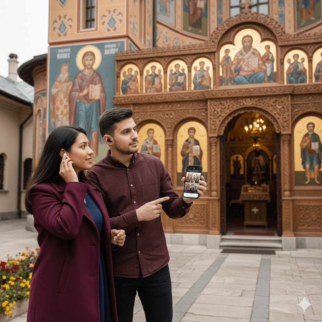 Self-guided audio tour for Bucharest by Uvamai Niche Tourism, featuring headphones and city landmarks on the tour interface.