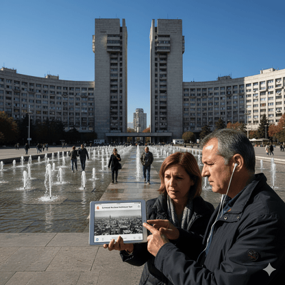 Self-guided audio tour by Uvamai Niche Tourism showcasing Bucharest landmarks and cityscape.
