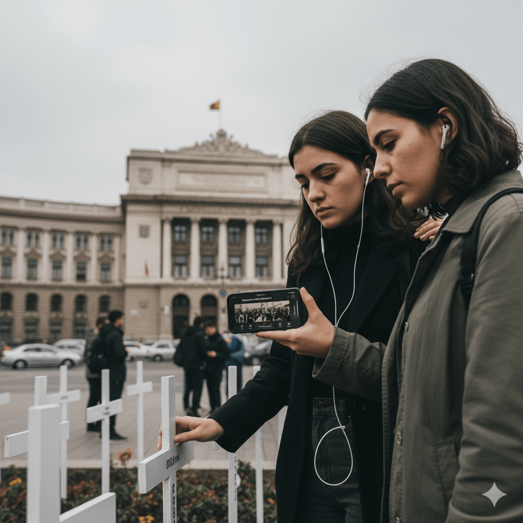 Self-guided audio tour of Bucharest by Uvamai Niche Tourism, showing headphones and tour map on a smartphone screen.