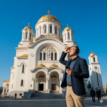 Self-guided audio tour for Bucharest by Uvamai Niche Tourism, featuring headphones and map for exploring the city.