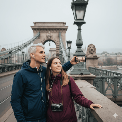 Audio guide device for Budapest self-guided tour by Uvamai Niche Tourism, featuring headphones and tour interface on a table.