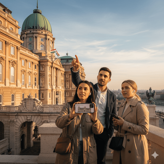Audio tour device for Budapest self-guided tour by Uvamai Niche Tourism, showing headphones and tour interface on a smartphone.