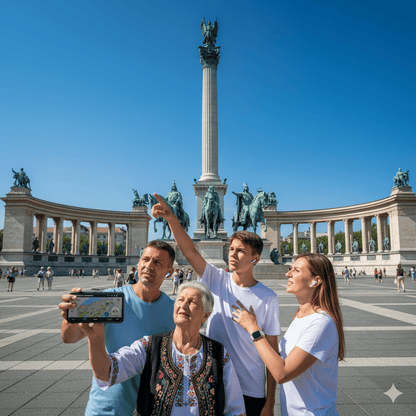 Audio guide device for Budapest self-guided tour by Uvamai Niche Tourism, showing headphones and map on a city background.