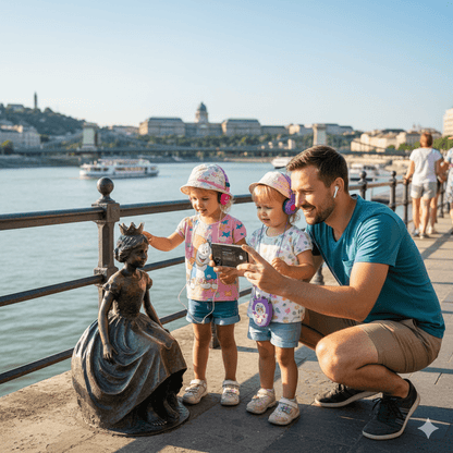 Audio guide device for Budapest self-guided tour by Uvamai Niche Tourism, showing headphones and map interface on screen.