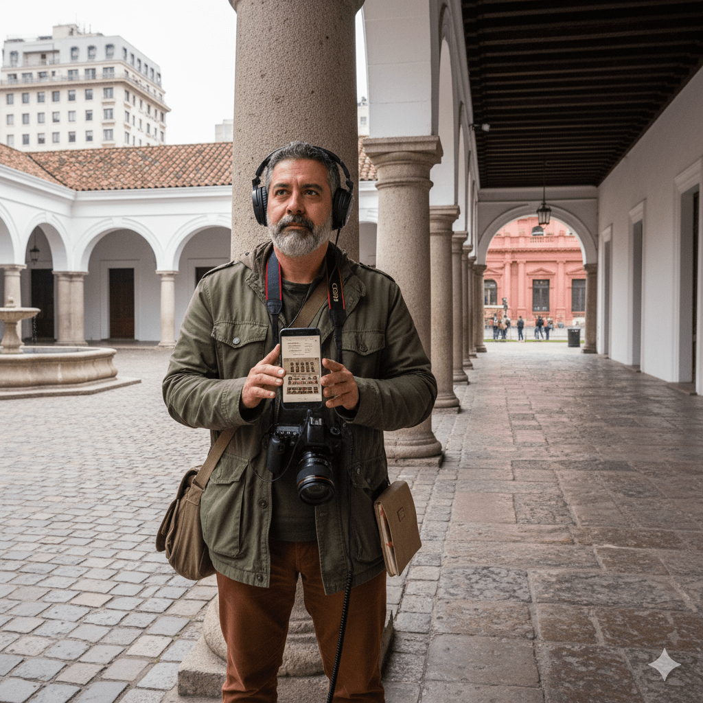 Self-guided audio tour device for Buenos Aires, produced by Uvamai Niche Tourism, showing headphones and tour map.