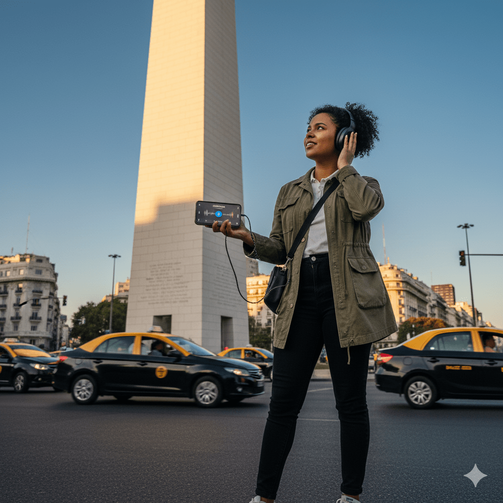 Audio tour device for Buenos Aires self-guided tour by Uvamai Niche Tourism, showing headphones and guide interface on a smartphone.