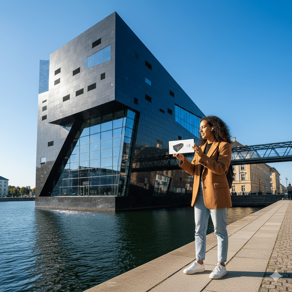 Copenhagen Self-Guided Audio Tour by Uvamai Niche Tourism, audio device with city landmarks and scenic views on screen.