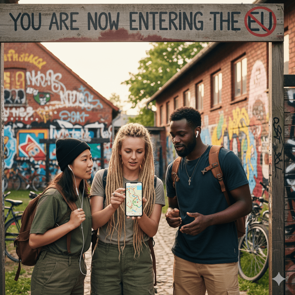Copenhagen Self-Guided Audio Tour by Uvamai Niche Tourism, featuring a smartphone with map and audio icons on a city background.
