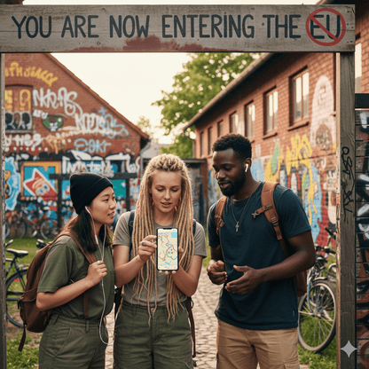 Copenhagen Self-Guided Audio Tour by Uvamai Niche Tourism, featuring a smartphone with map and audio icons on a city background.