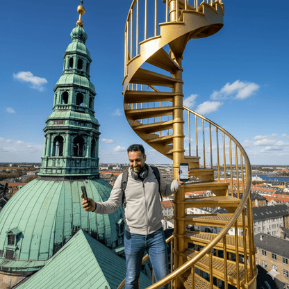 Copenhagen Self-Guided Audio Tour by Uvamai Niche Tourism showing a smartphone with a map and audio guide interface.