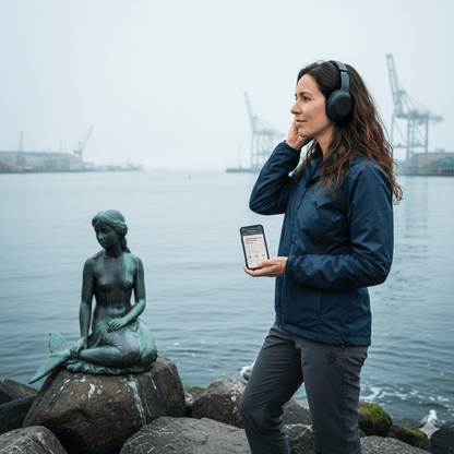 Copenhagen Self-Guided Audio Tour by Uvamai Niche Tourism, featuring a smartphone with map and headphones for exploring the city.
