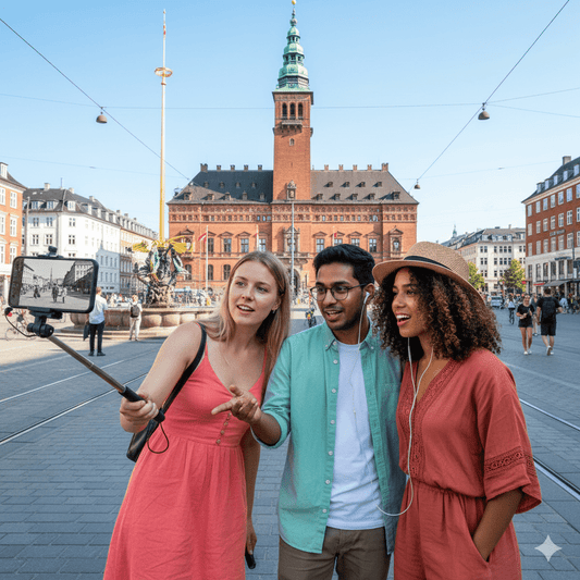 Copenhagen Self-Guided Audio Tour by Uvamai Niche Tourism featuring headphones and a mobile device displaying tour content.