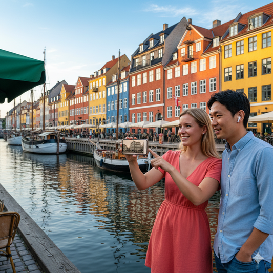 Copenhagen Self-Guided Audio Tour by Uvamai Niche Tourism, featuring a smartphone with audio guide app and scenic city views.
