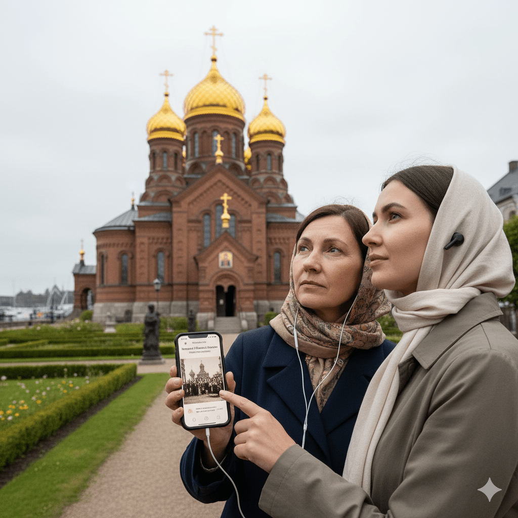 Copenhagen Self-Guided Audio Tour by Uvamai Niche Tourism, showing a smartphone with map and historical landmarks in Copenhagen.