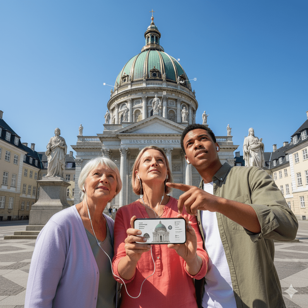 Copenhagen Self-Guided Audio Tour by Uvamai Niche Tourism displayed on a smartphone screen with map and tour details.