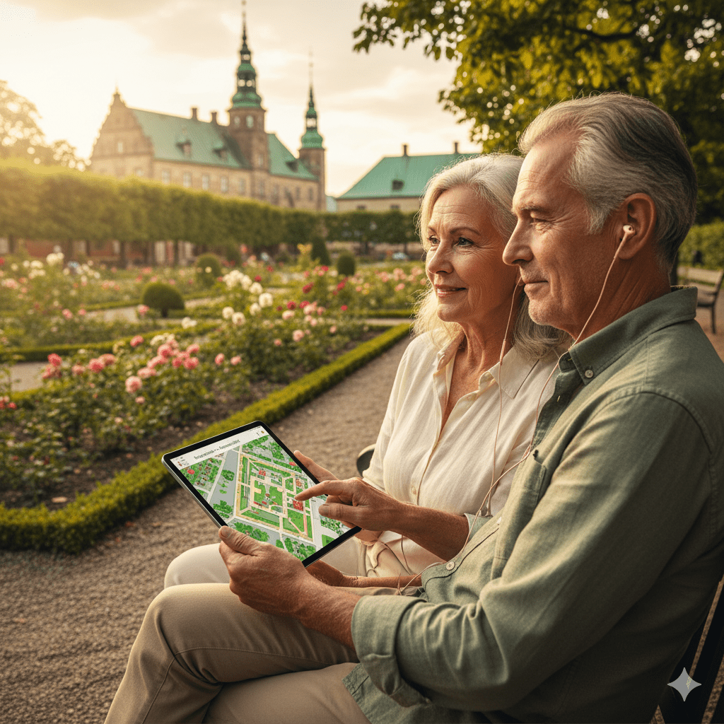 Copenhagen Self-Guided Audio Tour by Uvamai Niche Tourism, showcasing a map and audio device for exploring the city on your own.