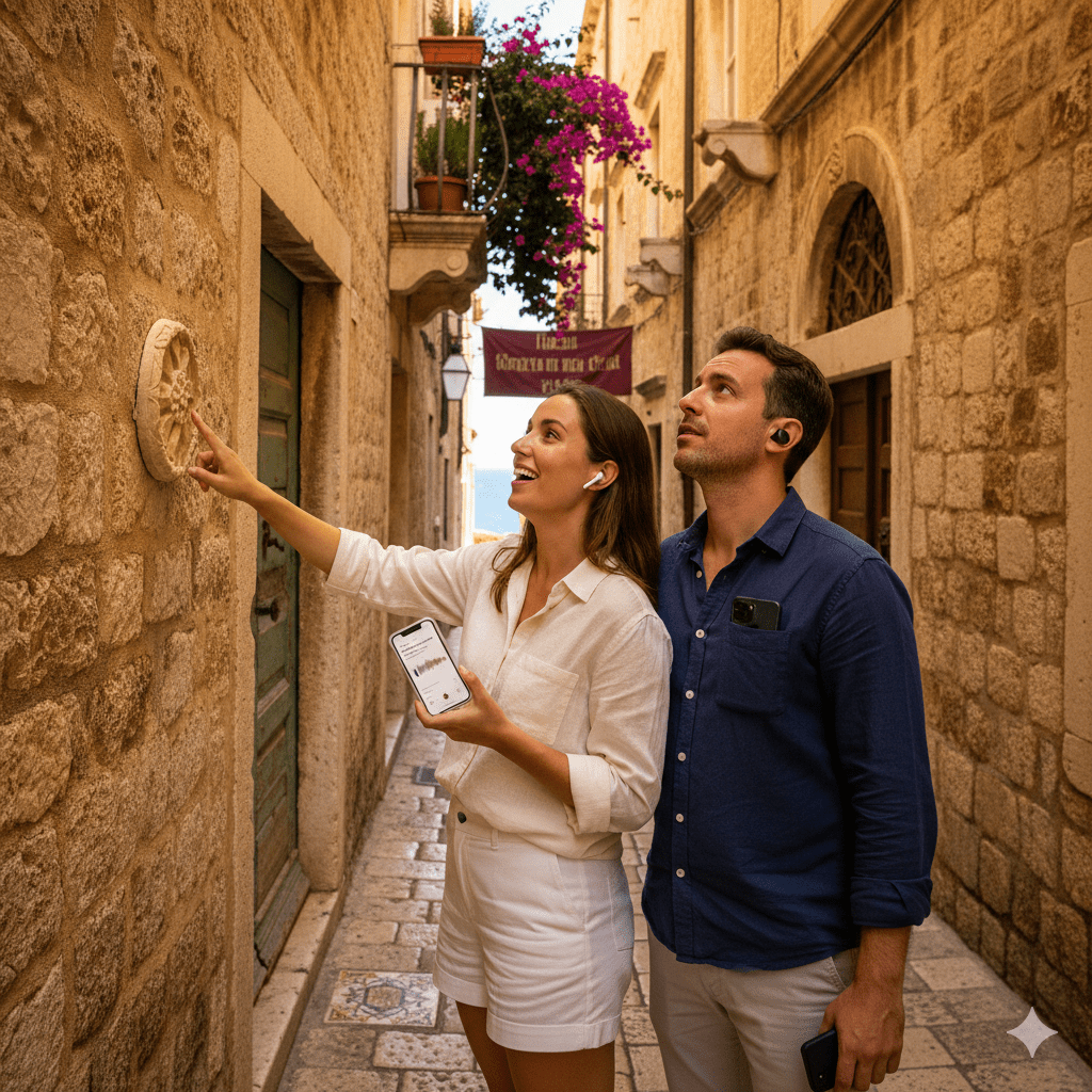 Dubrovnik Self-Guided Audio Tour by Uvamai Niche Tourism, featuring a mobile device with map and audio icons on a city background.