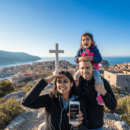 Dubrovnik self-guided audio tour by Uvamai Niche Tourism, showing a smartphone with tour app and historic Dubrovnik cityscape.