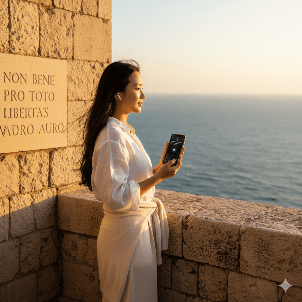 Dubrovnik Self-Guided Audio Tour by Uvamai Niche Tourism, featuring a smartphone displaying the tour app on a scenic background.