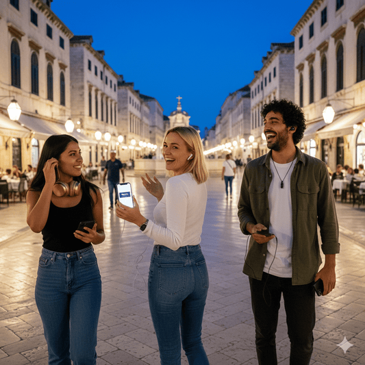 Dubrovnik self-guided audio tour by Uvamai Niche Tourism, featuring headphones and tour guide device in a scenic setting.