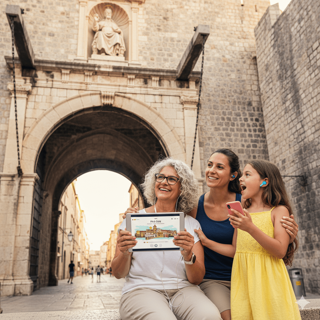 Dubrovnik self-guided audio tour by Uvamai Niche Tourism, showing a smartphone with map and headphones for exploring the historic city.
