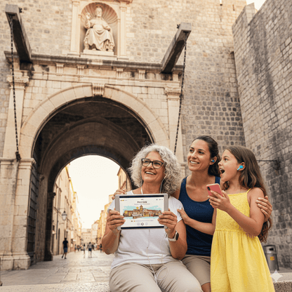 Dubrovnik self-guided audio tour by Uvamai Niche Tourism, showing a smartphone with map and headphones for exploring the historic city.