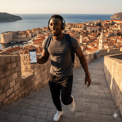 Dubrovnik self-guided audio tour by Uvamai Niche Tourism, showing a mobile device with scenic Dubrovnik landmarks on the screen.