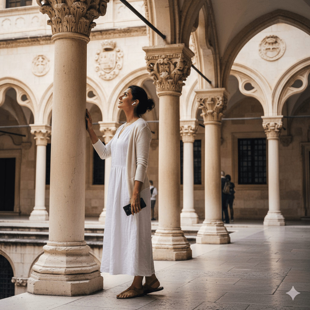 Dubrovnik Self-Guided Audio Tour by Uvamai Niche Tourism, featuring a smartphone with the tour app open and scenic Dubrovnik views.