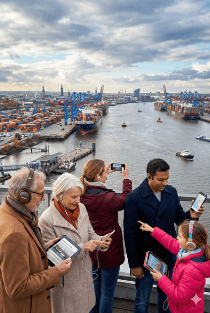 Audio tour device for Hamburg self-guided tour by Uvamai Niche Tourism, showing headphones and tour interface.