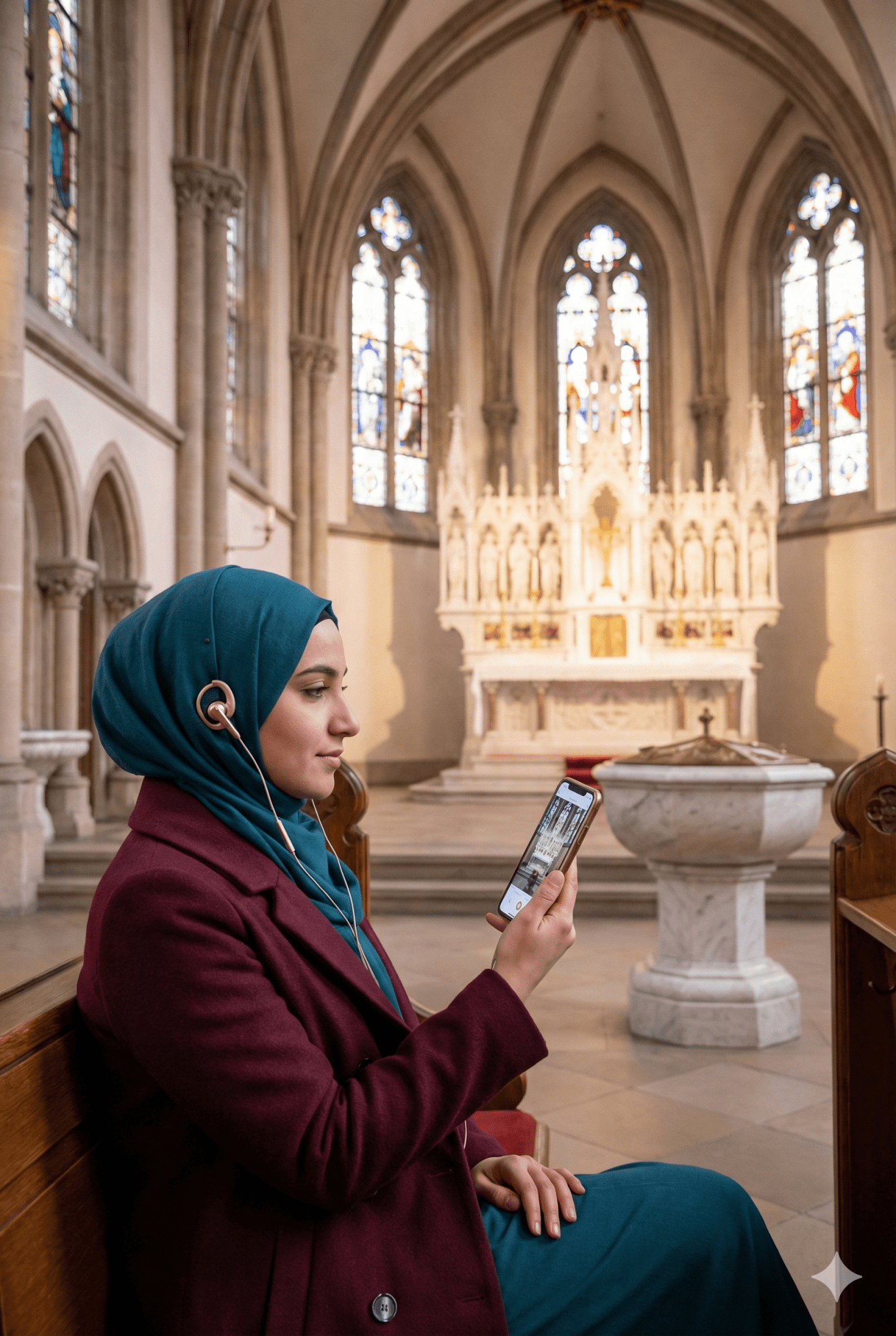 Hamburg Self-Guided Audio Tour by Uvamai Niche Tourism, featuring headphones and tour guide app interface on a smartphone screen.