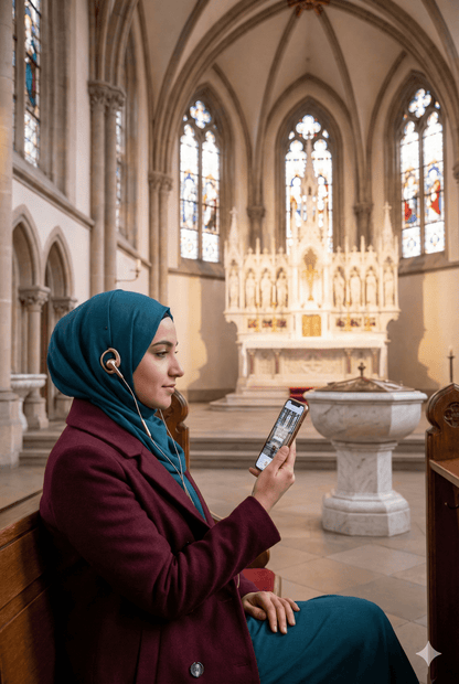 Hamburg Self-Guided Audio Tour by Uvamai Niche Tourism, featuring headphones and tour guide app interface on a smartphone screen.