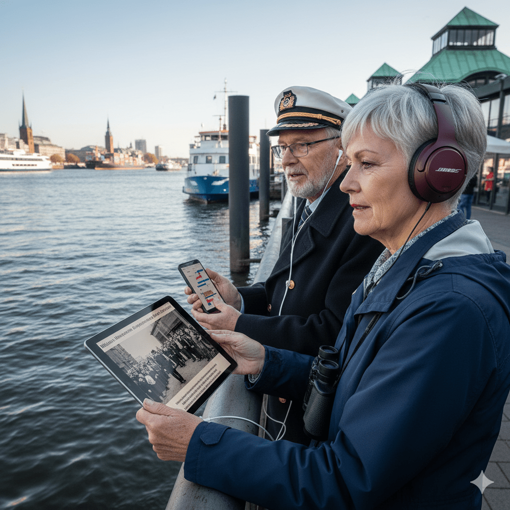 Self-guided Hamburg audio tour by Uvamai Niche Tourism, featuring a smartphone with map and headphones on a city background.