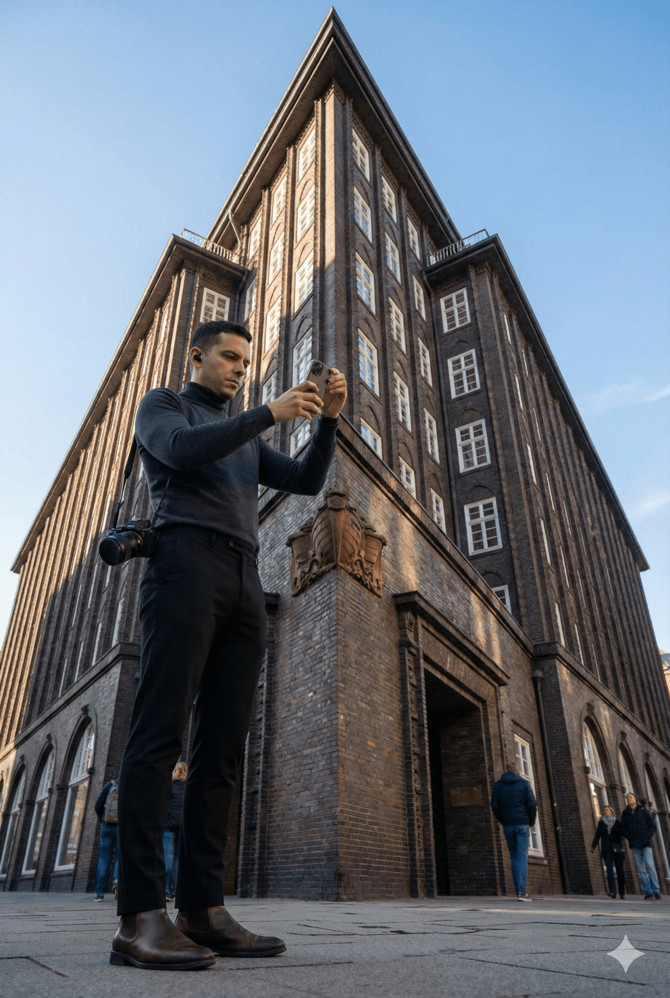 Hamburg self-guided audio tour by Uvamai Niche Tourism, featuring headphones and smartphone with map for exploring the city.