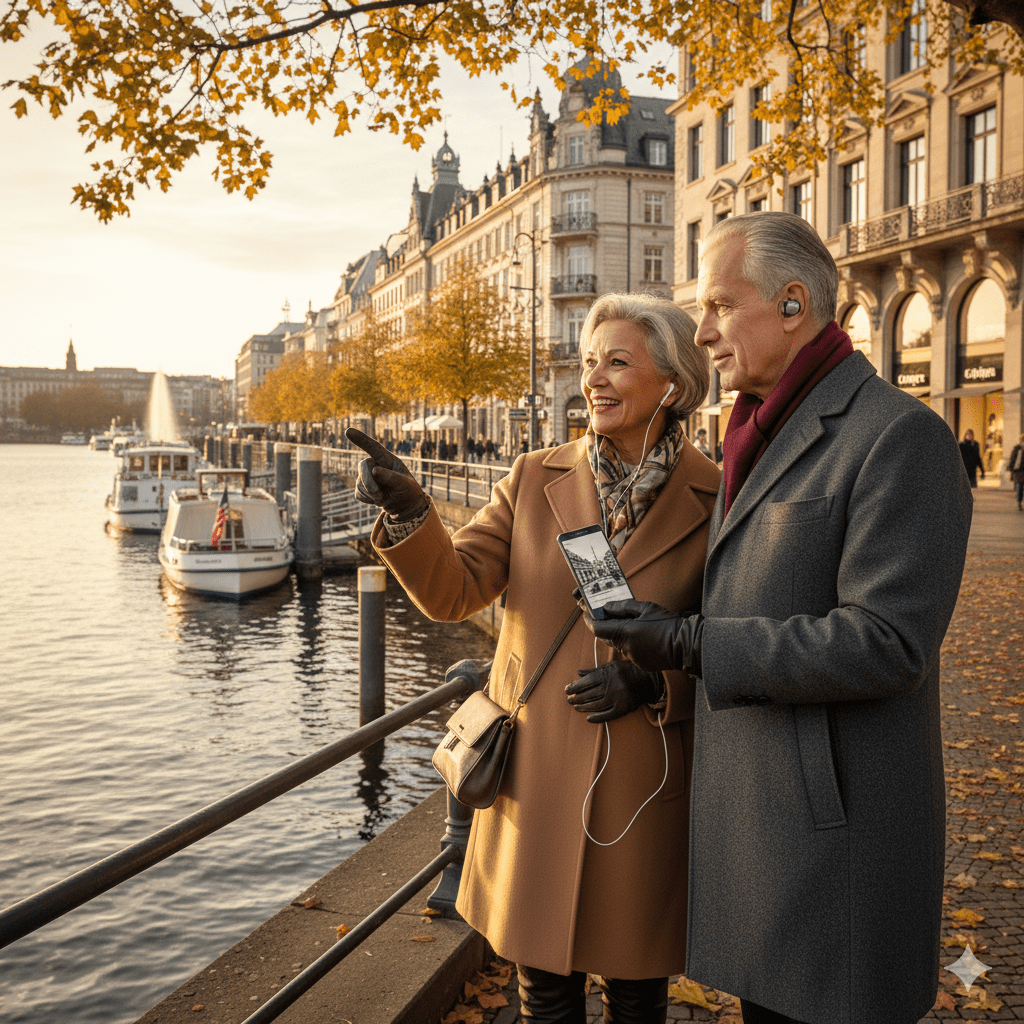 Hamburg Self-Guided Audio Tour by Uvamai Niche Tourism, featuring a smartphone with map and audio controls on a city background.