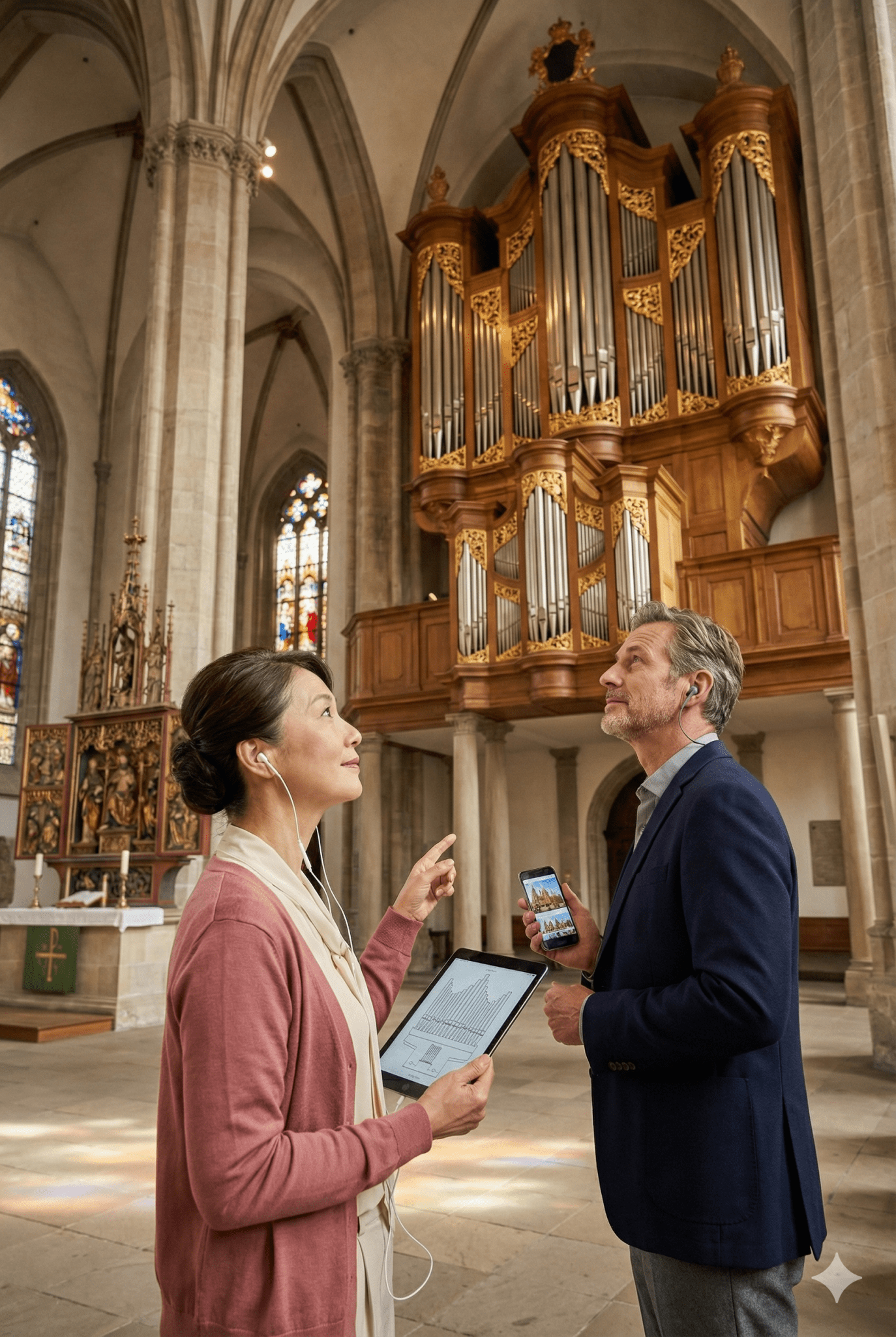Hamburg self-guided audio tour by Uvamai Niche Tourism, showing a tablet with map and historical landmarks in Hamburg.