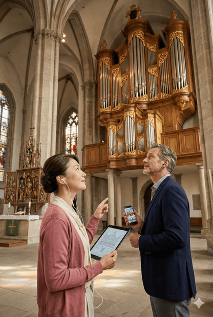 Hamburg self-guided audio tour by Uvamai Niche Tourism, showing a tablet with map and historical landmarks in Hamburg.