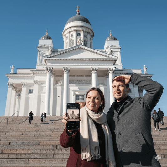 Audio tour device for Helsinki self-guided tour by Uvamai Niche Tourism, showing headphones and travel guide interface.
