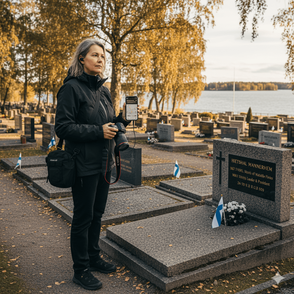 Helsinki Self-Guided Audio Tour by Uvamai Niche Tourism showing a smartphone with Helsinki city sights on screen.