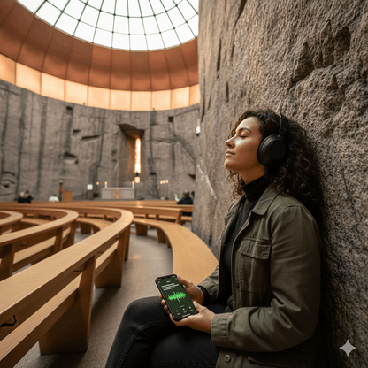 Helsinki Self-Guided Audio Tour by Uvamai Niche Tourism, featuring a smartphone with Helsinki city images and tour app interface.