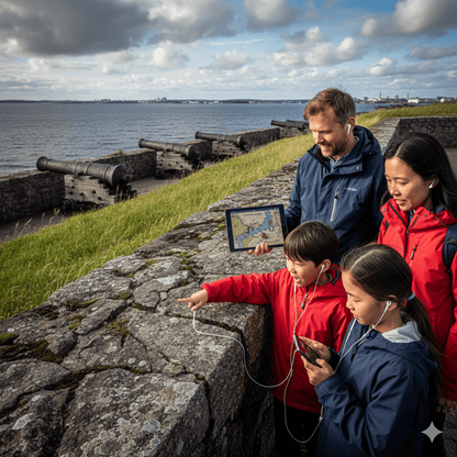 Audio tour device for Helsinki self-guided tour by Uvamai Niche Tourism, showing headphones and tour map on a mobile screen.