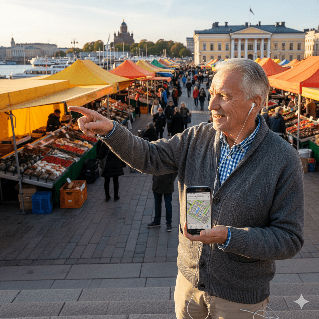 Helsinki Self-Guided Audio Tour by Uvamai Niche Tourism, featuring a smartphone with Helsinki city landmarks on screen.
