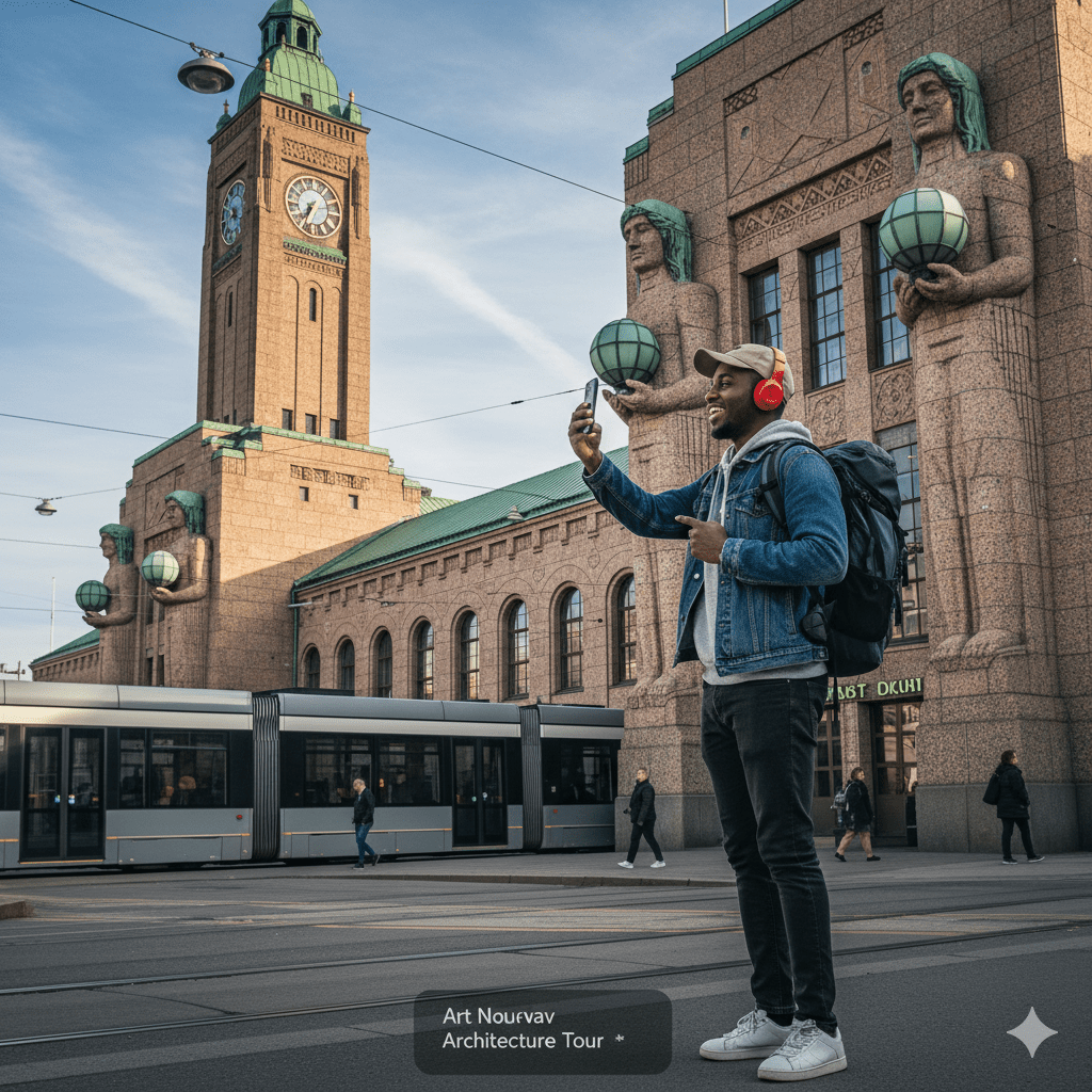 Helsinki Self-Guided Audio Tour by Uvamai Niche Tourism, featuring a smartphone with Helsinki landmarks on the screen.
