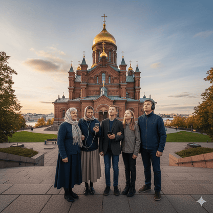 Helsinki Self-Guided Audio Tour by Uvamai Niche Tourism showing a scenic Helsinki cityscape and historic landmarks.