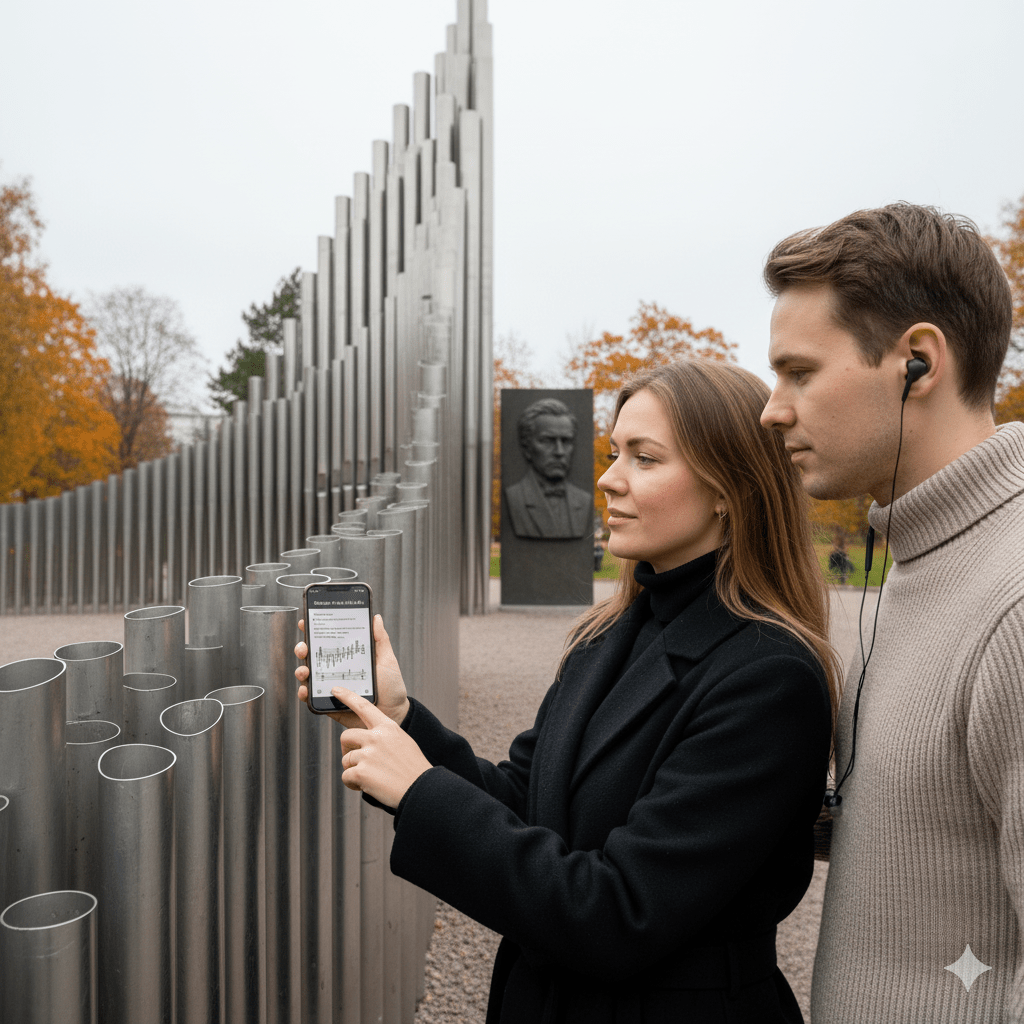 Helsinki self-guided audio tour by Uvamai Niche Tourism, featuring headphones and mobile device for exploring city landmarks.