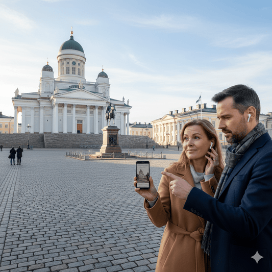 Helsinki Self-Guided Audio Tour by Uvamai Niche Tourism, portable device showing map and audio controls for exploring Helsinki.